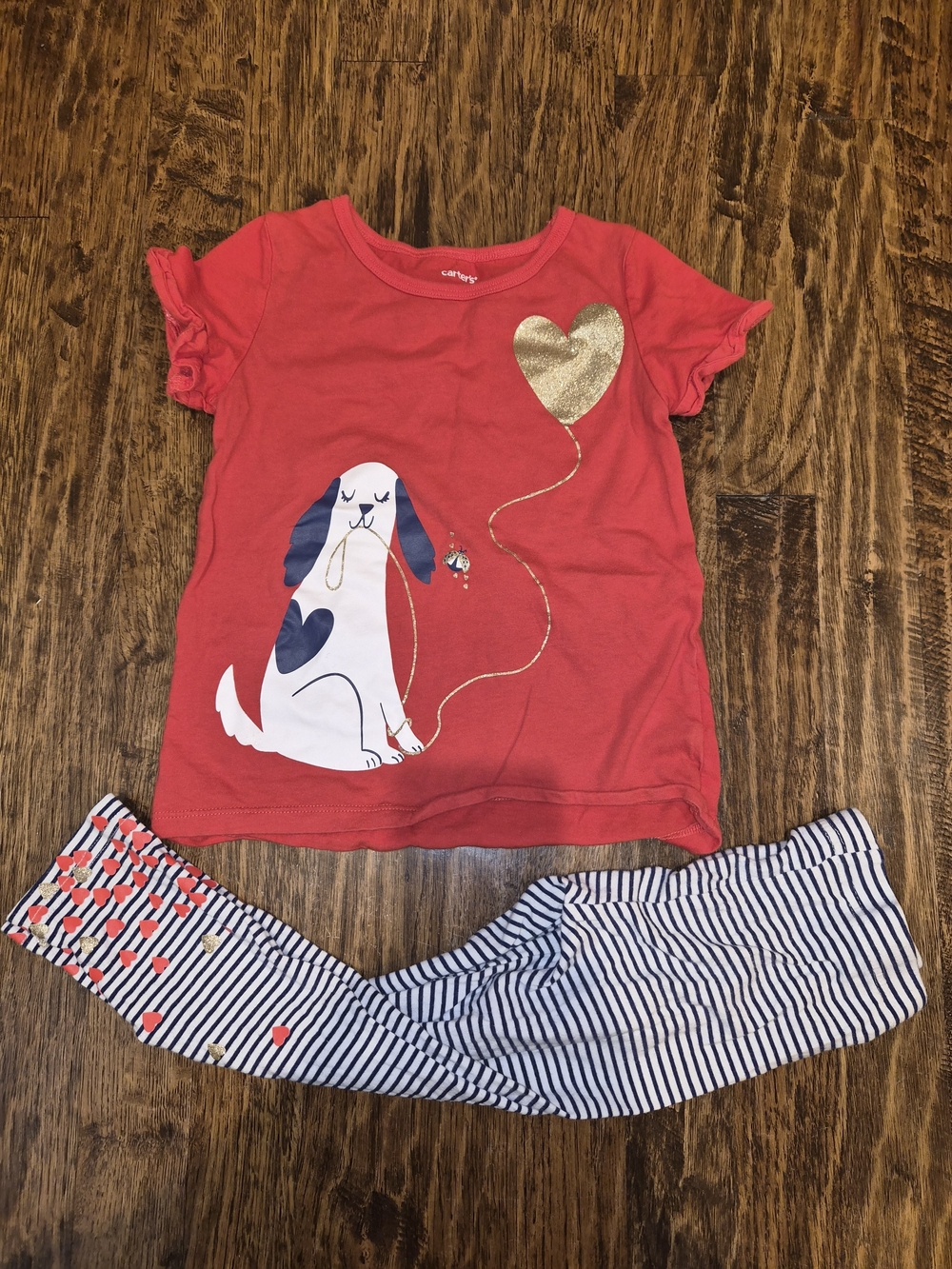 Carter's Red Puppy Heart Shirt & Navy Striped Leggings 4T